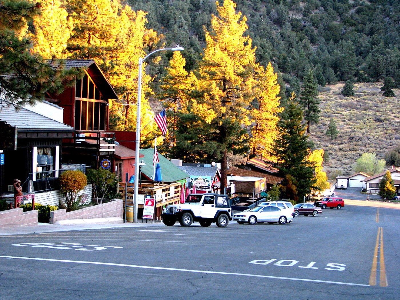 Downtown Wrightwood, California with pine-covered slopes